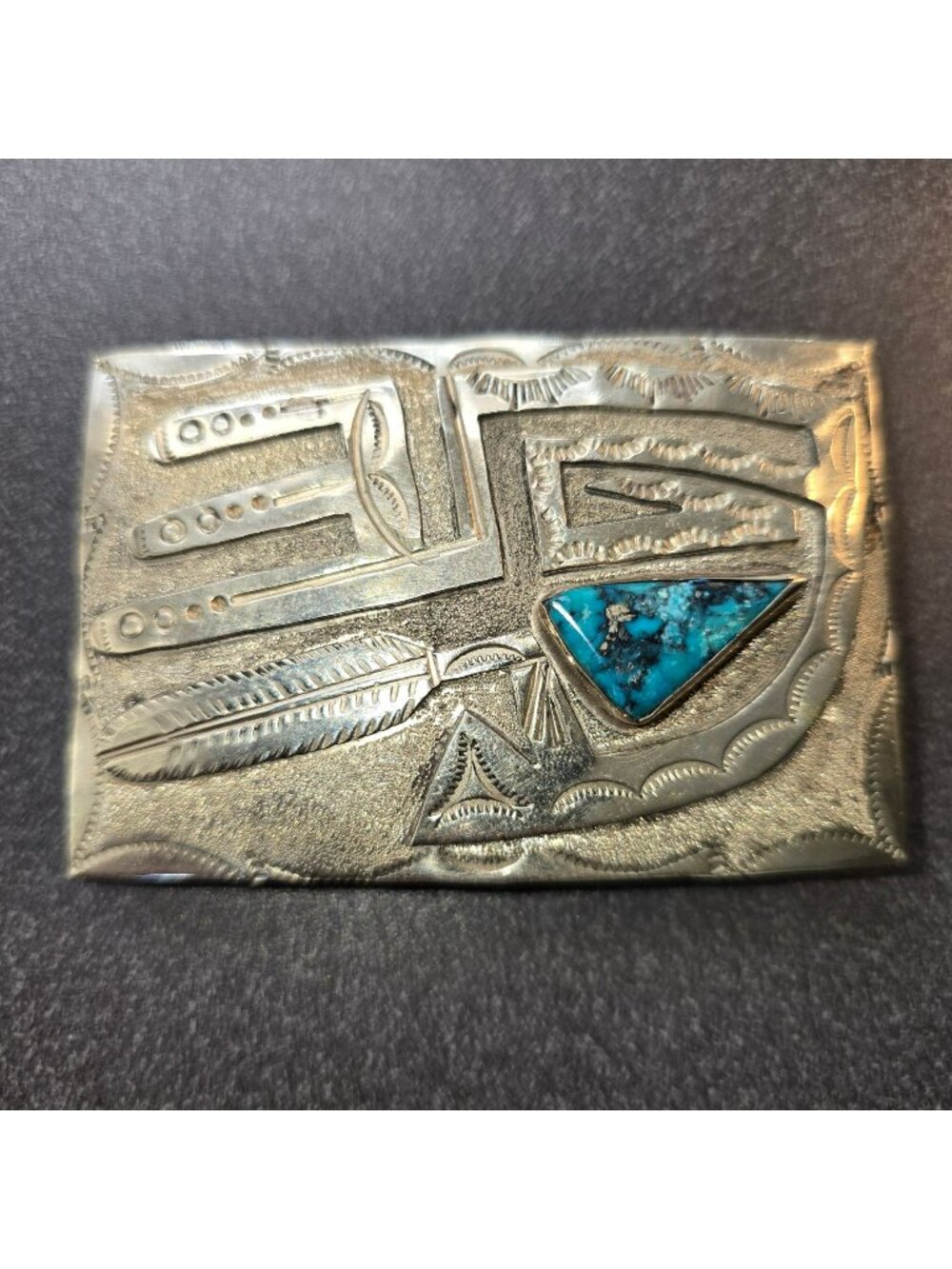 Handcrafted Vintage Silver Belt Buckle Engraved Feathers & Turquoise JJ4412